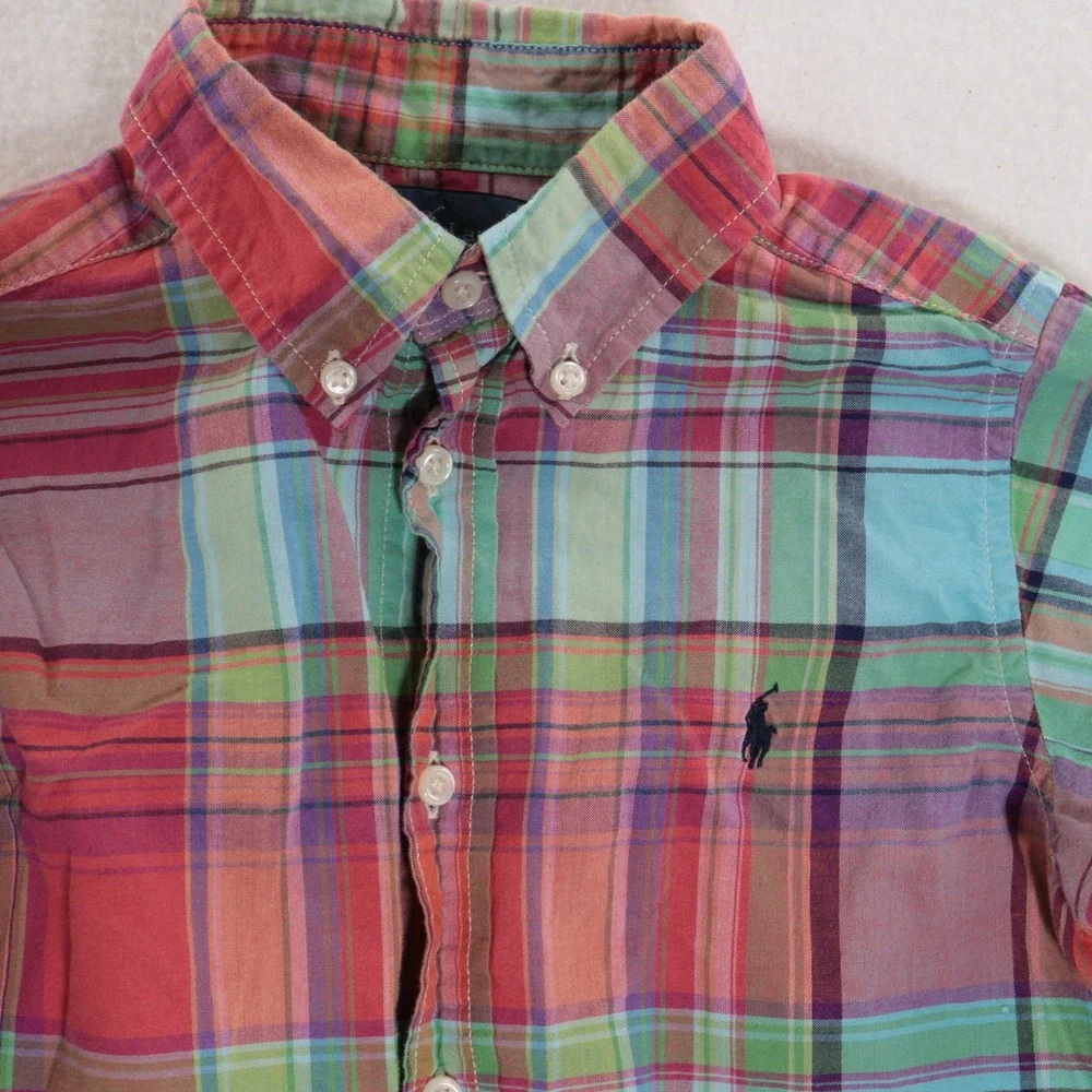 Ralph Lauren Button Down Shirt Boys 5 Plaid Madras Long Sleeve Cotton Preppy